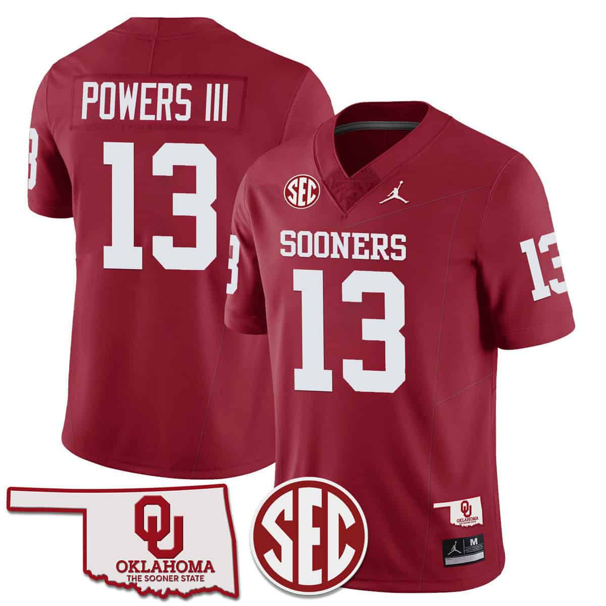 Men Oklahoma Sooners 13 Powers iii Red 2024 SEC Patch Vapor Premier Limited NCAA Jersey style 1